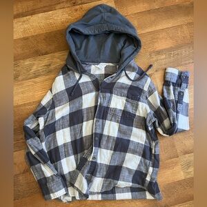 Time and Tru Gray and White Plaid Button Down Shirt with Hood